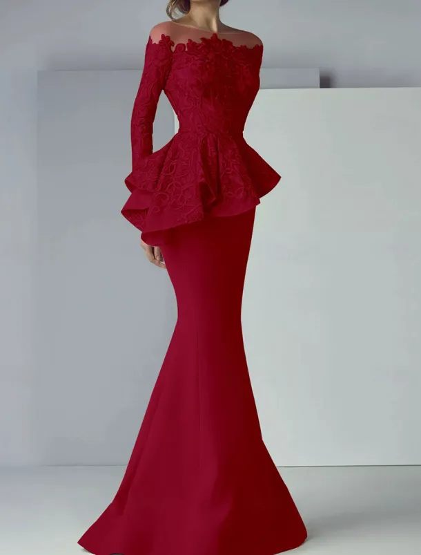 Mermaid Mother of the Bride Dress Formal Wedding Guest Elegant Scoop Neck Floor Length Lace Stretch Fabric Long Sleeve with Ruffles Appliques free custom size