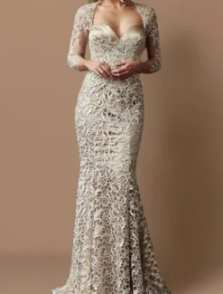 Mermaid Mother of the Bride Dress Wedding Guest Elegant Sweetheart Floor Length Lace 3/4 Length Sleeve with Lace free custom size