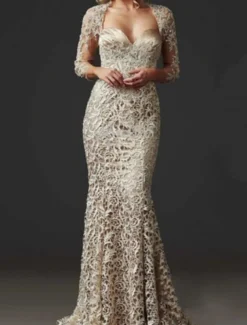 Mermaid Mother of the Bride Dress Wedding Guest Elegant Sweetheart Floor Length Lace 3/4 Length Sleeve with Lace free custom size