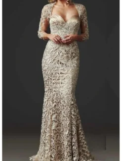 Mermaid Mother of the Bride Dress Wedding Guest Elegant Sweetheart Floor Length Lace 3/4 Length Sleeve with Lace free custom size