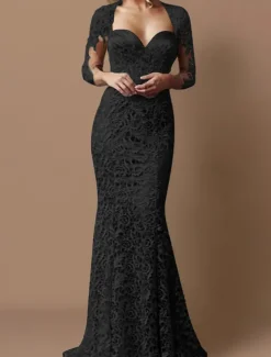 Mermaid Mother of the Bride Dress Wedding Guest Elegant Sweetheart Floor Length Lace 3/4 Length Sleeve with Lace free custom size