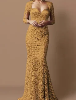 Mermaid Mother of the Bride Dress Wedding Guest Elegant Sweetheart Floor Length Lace 3/4 Length Sleeve with Lace free custom size