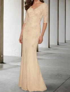 Mermaid Mother of the Bride Dress Wedding Guest Plus Size Sexy V Neck Sweep / Brush Train Chiffon Lace Half Sleeve with Lace Appliques free custom size