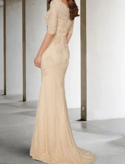 Mermaid Mother of the Bride Dress Wedding Guest Plus Size Sexy V Neck Sweep / Brush Train Chiffon Lace Half Sleeve with Lace Appliques free custom size