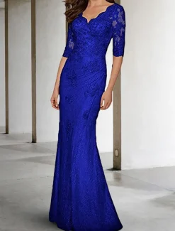 Mermaid Mother of the Bride Dress Wedding Guest Plus Size Sexy V Neck Sweep / Brush Train Chiffon Lace Half Sleeve with Lace Appliques free custom size