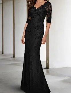 Mermaid Mother of the Bride Dress Wedding Guest Plus Size Sexy V Neck Sweep / Brush Train Chiffon Lace Half Sleeve with Lace Appliques free custom size