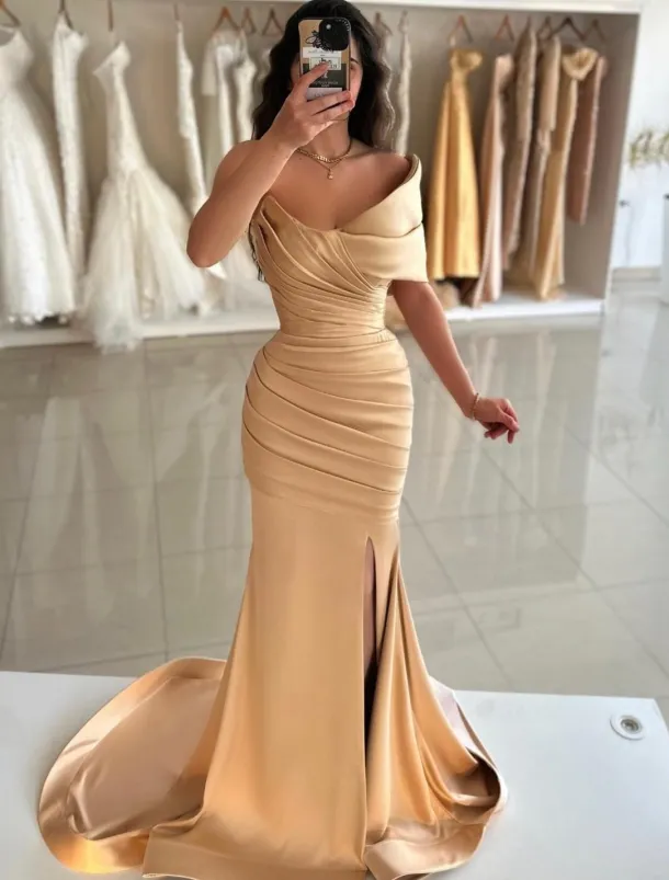 Mermaid Prom Dresses Elegant Dress Formal Prom Floor Length Sleeveless Off Shoulder Satin with Ruched Slit Masquerade Dress