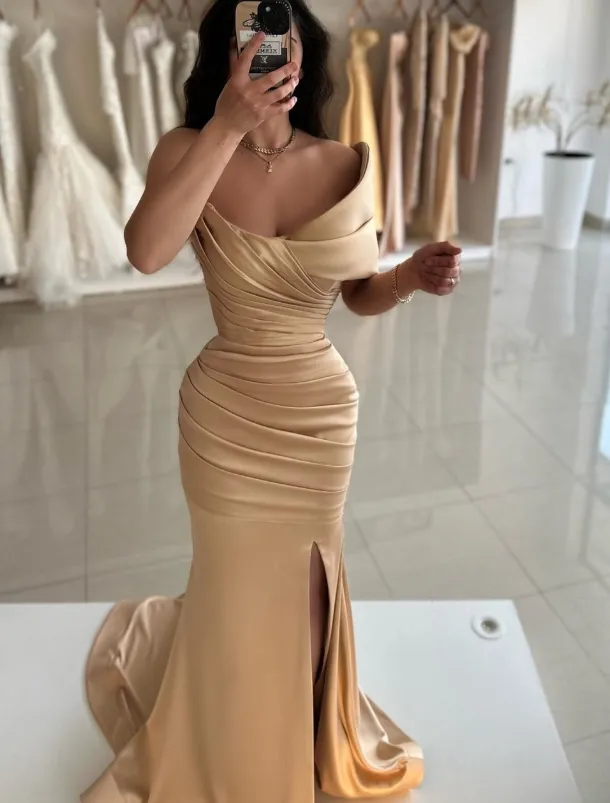 Mermaid Prom Dresses Elegant Dress Formal Prom Floor Length Sleeveless Off Shoulder Satin with Ruched Slit Masquerade Dress