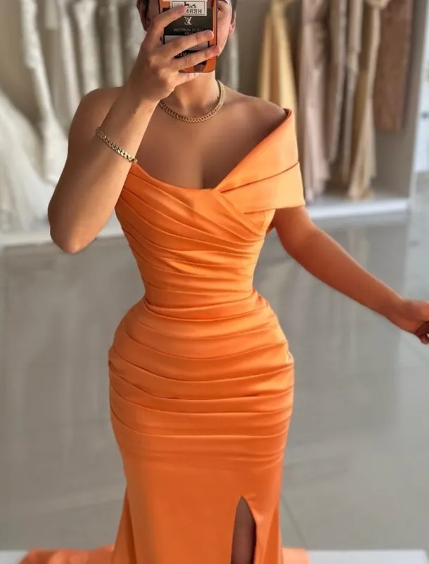 Mermaid Prom Dresses Elegant Dress Formal Prom Floor Length Sleeveless Off Shoulder Satin with Ruched Slit Masquerade Dress