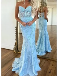 Mermaid Prom Dresses Glittering Dress Evening Party Sweep / Brush Train Sleeveless Strapless Lace Backless with Appliques