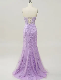 Mermaid Prom Dresses Glittering Dress Evening Party Sweep / Brush Train Sleeveless Strapless Lace Backless with Appliques