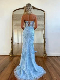 Mermaid Prom Dresses Glittering Dress Evening Party Sweep / Brush Train Sleeveless Strapless Lace Backless with Appliques