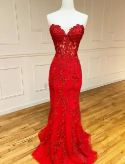 Mermaid Prom Dresses Glittering Dress Evening Party Sweep / Brush Train Sleeveless Strapless Lace Backless with Appliques