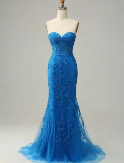 Mermaid Prom Dresses Glittering Dress Evening Party Sweep / Brush Train Sleeveless Strapless Lace Backless with Appliques