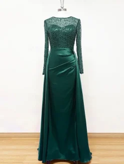 Mermaid Sequin Evening Gown RuchedSatin Dress Long Sleeves Masquerade Floor Length Illusion Neck with Pearls Overskirt dress