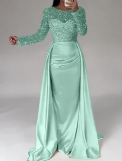 Mermaid Sequin Evening Gown RuchedSatin Dress Long Sleeves Masquerade Floor Length Illusion Neck with Pearls Overskirt dress