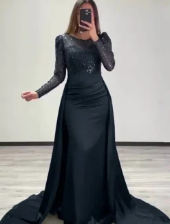 Mermaid Sequin Evening Gown RuchedSatin Dress Long Sleeves Masquerade Floor Length Illusion Neck with Pearls Overskirt dress