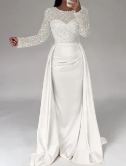 Mermaid Sequin Evening Gown RuchedSatin Dress Long Sleeves Masquerade Floor Length Illusion Neck with Pearls Overskirt dress