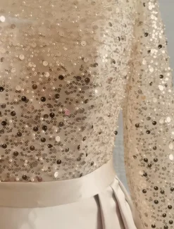 Mermaid Sequin Evening Gown RuchedSatin Dress Long Sleeves Masquerade Floor Length Illusion Neck with Pearls Overskirt dress