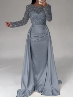 Mermaid Sequin Evening Gown RuchedSatin Dress Long Sleeves Masquerade Floor Length Illusion Neck with Pearls Overskirt dress