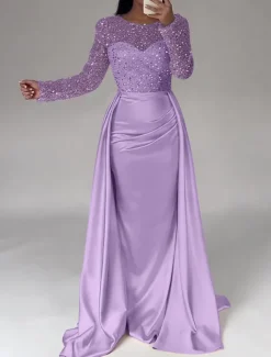 Mermaid Sequin Evening Gown RuchedSatin Dress Long Sleeves Masquerade Floor Length Illusion Neck with Pearls Overskirt dress