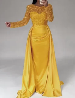 Mermaid Sequin Evening Gown RuchedSatin Dress Long Sleeves Masquerade Floor Length Illusion Neck with Pearls Overskirt dress