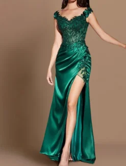 Mermaid Sequin Evening Gown Sexy Dress Formal Floor Length Sleeveless V Neck Charmeuse with Slit Appliques