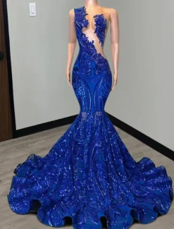 Mermaid Sequin Prom Dresses Elegant Dress Engagement Prom Court Train Sleeveless Jewel Neck African American with Appliques Masquerade Dress