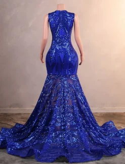 Mermaid Sequin Prom Dresses Elegant Dress Engagement Prom Court Train Sleeveless Jewel Neck African American with Appliques Masquerade Dress