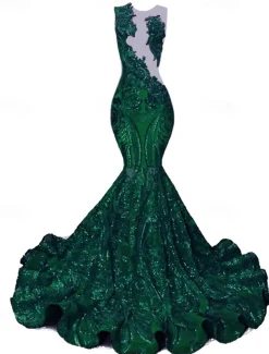 Mermaid Sequin Prom Dresses Elegant Dress Engagement Prom Court Train Sleeveless Jewel Neck African American with Appliques Masquerade Dress