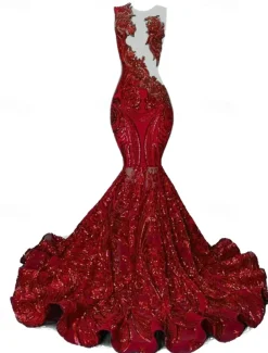 Mermaid Sequin Prom Dresses Elegant Dress Engagement Prom Court Train Sleeveless Jewel Neck African American with Appliques Masquerade Dress