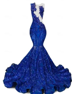Mermaid Sequin Prom Dresses Elegant Dress Engagement Prom Court Train Sleeveless Jewel Neck African American with Appliques Masquerade Dress
