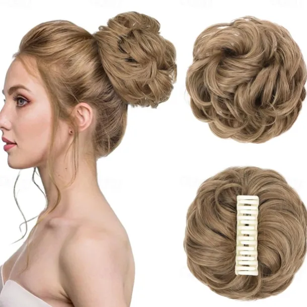Messy Hair Bun Extensions Wavy Curly Claw Clip Messy Bun Hair Pieces Blonde Highlights Messy Bun Extension Clip in Claw Chignon Synthetic Hair Buns for Woman