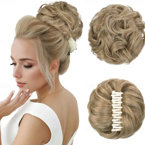 Messy Hair Bun Extensions Wavy Curly Claw Clip Messy Bun Hair Pieces Blonde Highlights Messy Bun Extension Clip in Claw Chignon Synthetic Hair Buns for Woman