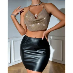 Metallic Backless Sparkle Camisole Body Chain Crop Tank Top Disco Deep V Fancy Dress Women's Party Club Adults' Tank Top