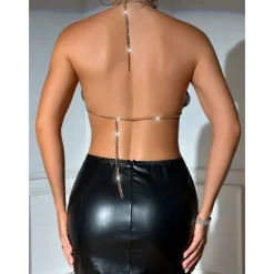 Metallic Backless Sparkle Camisole Body Chain Crop Tank Top Disco Deep V Fancy Dress Women's Party Club Adults' Tank Top