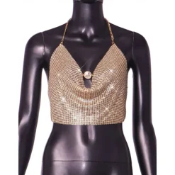 Metallic Backless Sparkle Camisole Body Chain Crop Tank Top Disco Deep V Fancy Dress Women's Party Club Adults' Tank Top