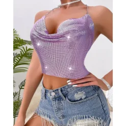 Metallic Backless Sparkle Camisole Body Chain Crop Tank Top Disco Fancy Dress Women's Party Club Pride Parade Adults' Tank Top