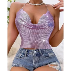 Metallic Backless Sparkle Camisole Body Chain Crop Tank Top Disco Fancy Dress Women's Party Club Pride Parade Adults' Tank Top