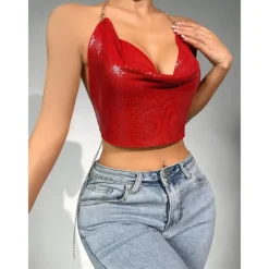 Metallic Backless Sparkle Camisole Body Chain Crop Tank Top Disco Fancy Dress Women's Party Club Pride Parade Adults' Tank Top