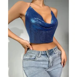 Metallic Backless Sparkle Camisole Body Chain Crop Tank Top Disco Fancy Dress Women's Party Club Pride Parade Adults' Tank Top