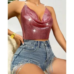 Metallic Backless Sparkle Camisole Body Chain Crop Tank Top Disco Fancy Dress Women's Party Club Pride Parade Adults' Tank Top
