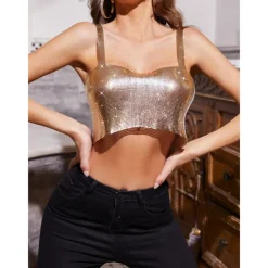 Metallic Backless Sparkle Camisole Crop Tank Top Disco Deep V Fancy Dress Women's Party Club Adults' Tank Top