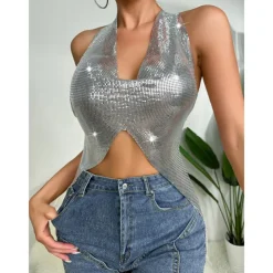 Metallic Backless Sparkle Mini Dress Disco Deep V Fancy Dress Women's Carnival Party Club Adults' Dress