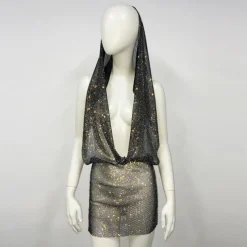 Metallic Backless Sparkle Mini Dress Disco Solid Color Deep V Fancy Dress Women's Carnival Party Club Dress