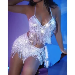 Metallic Backless Sparkle Skirt Camisole Crop Tank Top Disco Deep V Fancy Dress Women's Party Club Pride Parade Adults' Skirt Tank Top