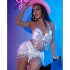 Metallic Backless Sparkle Skirt Camisole Crop Tank Top Disco Deep V Fancy Dress Women's Party Club Pride Parade Adults' Skirt Tank Top