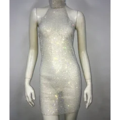 Metallic Backless Sparkle Body Chain Mini Dress Disco Solid Color Halter Neck Fancy Dress Women's Party Club Adults' Dress