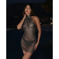 Metallic Backless Sparkle Body Chain Mini Dress Disco Solid Color Halter Neck Fancy Dress Women's Party Club Adults' Dress