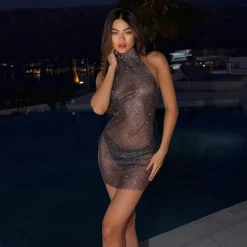 Metallic Backless Sparkle Body Chain Mini Dress Disco Solid Color Halter Neck Fancy Dress Women's Party Club Adults' Dress